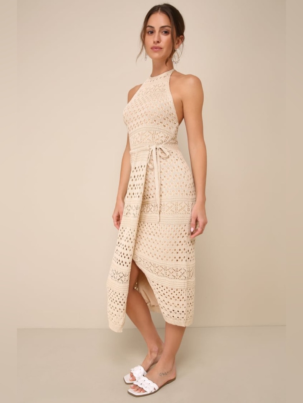 Lulus Blissful Strolls Beige Crochet Faux-Wrap Halter Midi Dress - Picture 2 of 8